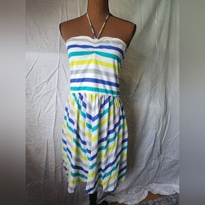 American Eagle Outfitters White and Blue Strapless Sundress
